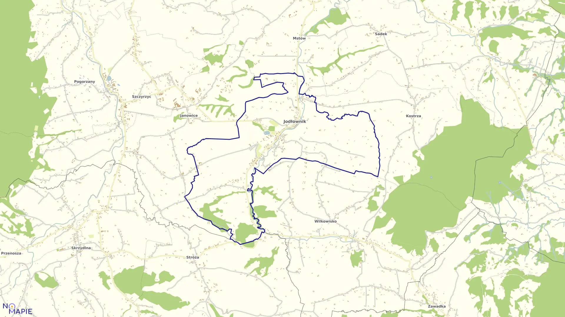 Mapa obrębu Jodłownik w gminie Jodłownik