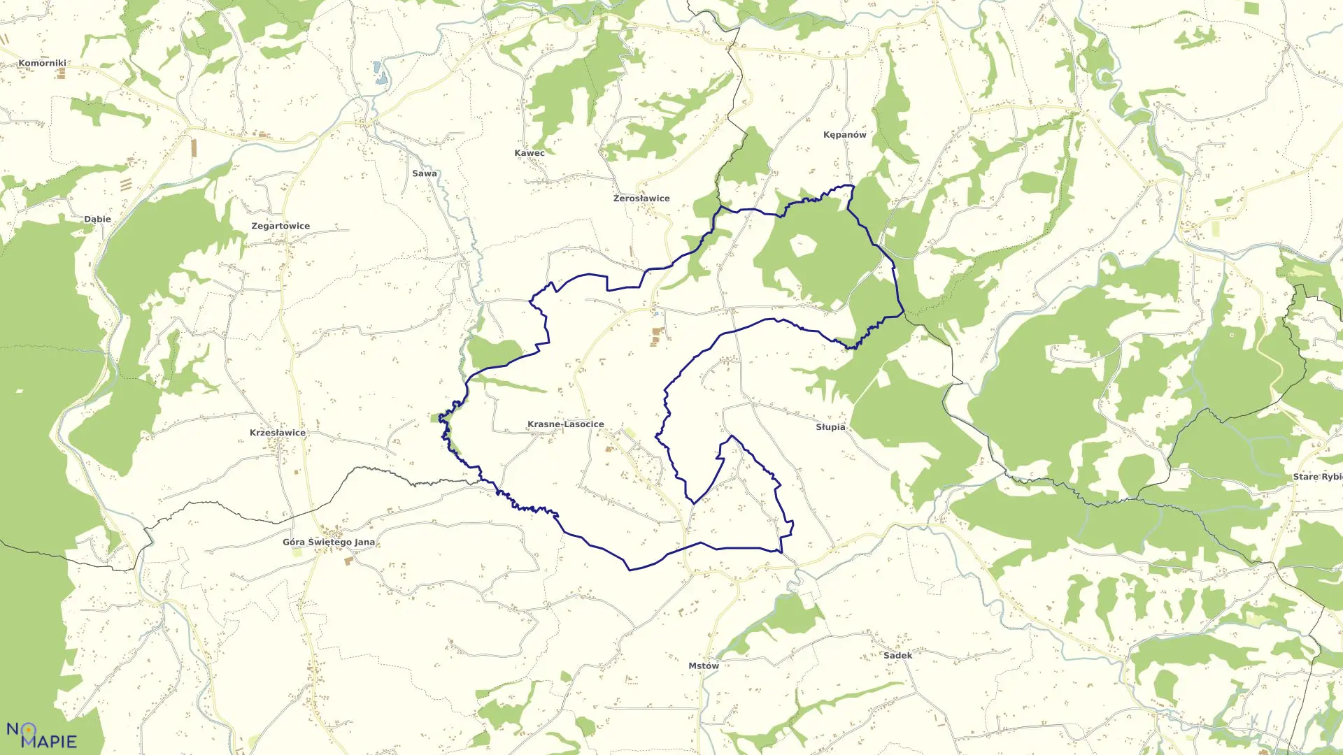 Mapa obrębu Krasne Lasocice w gminie Jodłownik