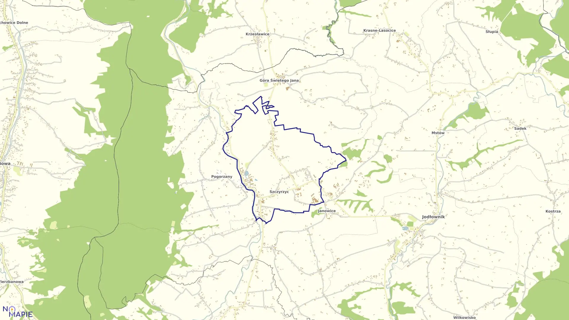 Mapa obrębu Szczyrzyc w gminie Jodłownik