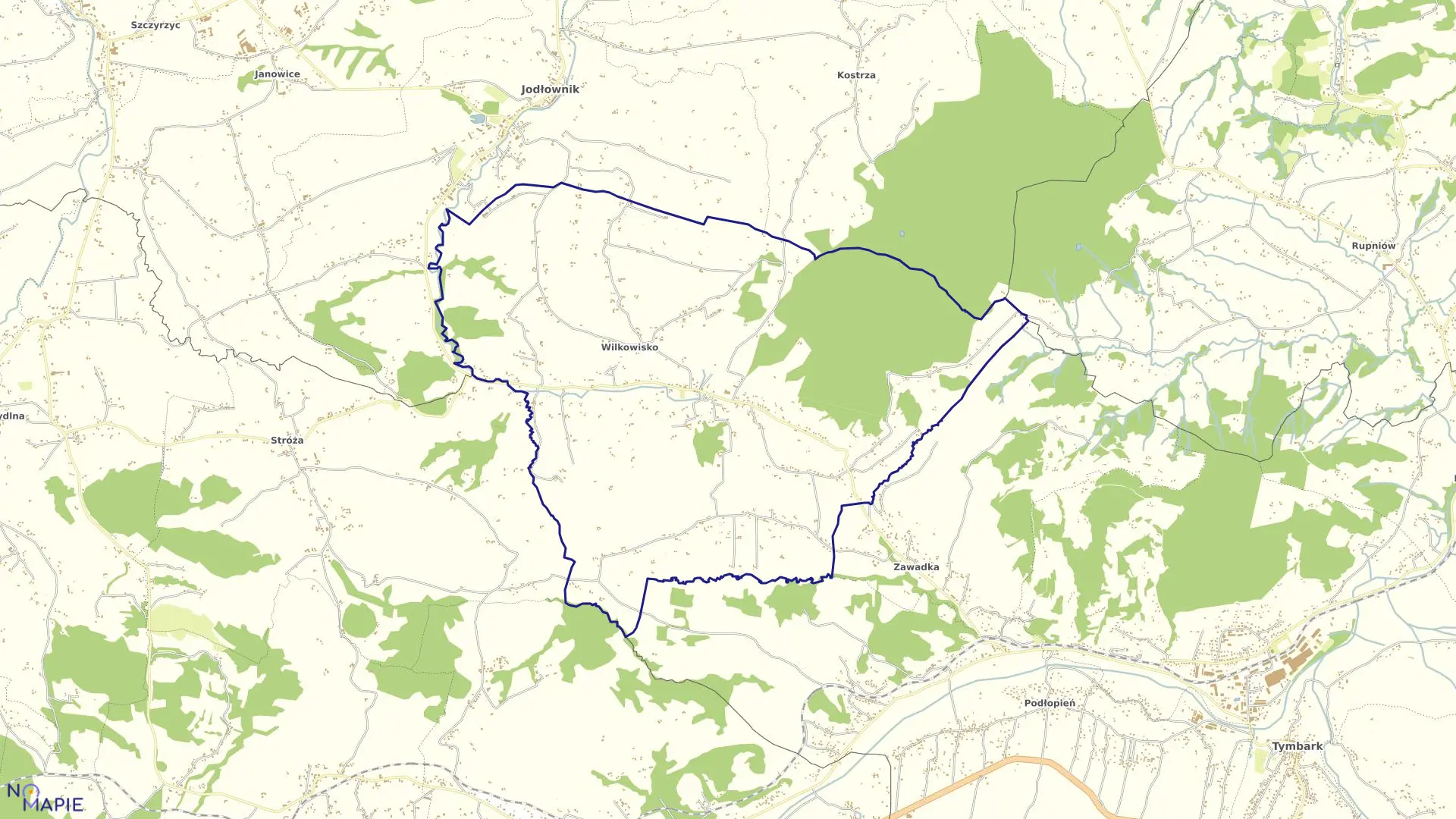 Mapa obrębu Wilkowisko w gminie Jodłownik